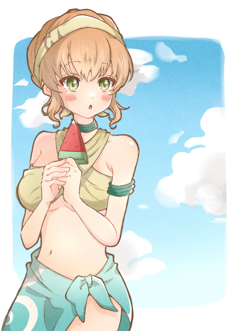 :o armlet armpit_crease blonde_hair blue_sky blush breasts cloud commentary_request female food green_eyes hairband highres jewelry kazunokoumaa_(mymyabyss) large_breasts natalia_luzu_kimlasca_lanvaldear navel popsicle raised_eyebrows sky solo standing tales_of_(series) tales_of_the_abyss watermelon_bar white_hairband