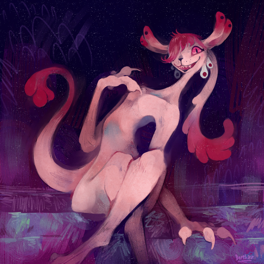 12lotus 2024 alien ambiguous_gender biped claws crossed_legs darthzz_(artist) digital_media_(artwork) digital_painting_(artwork) felid feline finger_claws hair hair_over_eye hi_res male_(lore) mammal nude one_eye_obstructed open_mouth pink_body purple_sclera red_hair sharp_teeth signature sitting smile solo tail tail_tuft teeth tuft