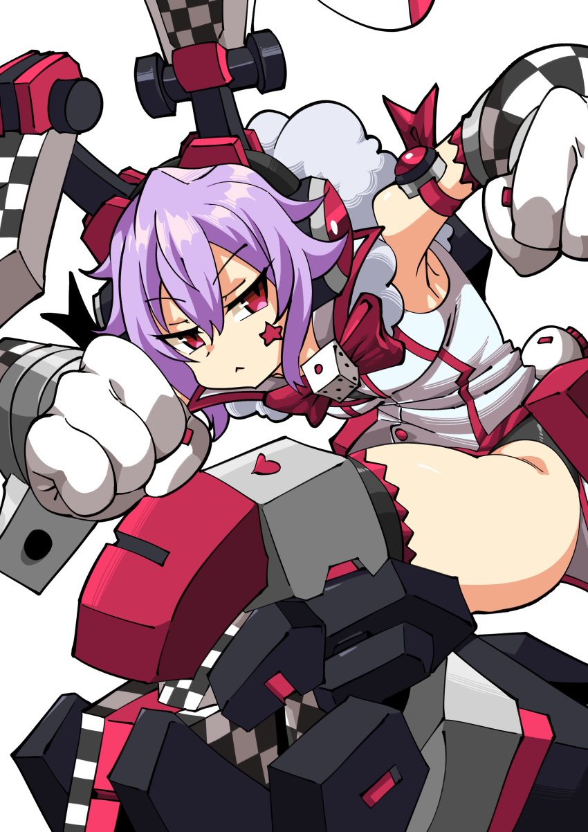 absurdres animal_ears commission cosmic_break detached_sleeves dice_necklace facial_tattoo haho highres jester mecha_musume purple_hair rabbit_ears red_eyes renny_lop robot_ears short_hair tattoo thighhighs