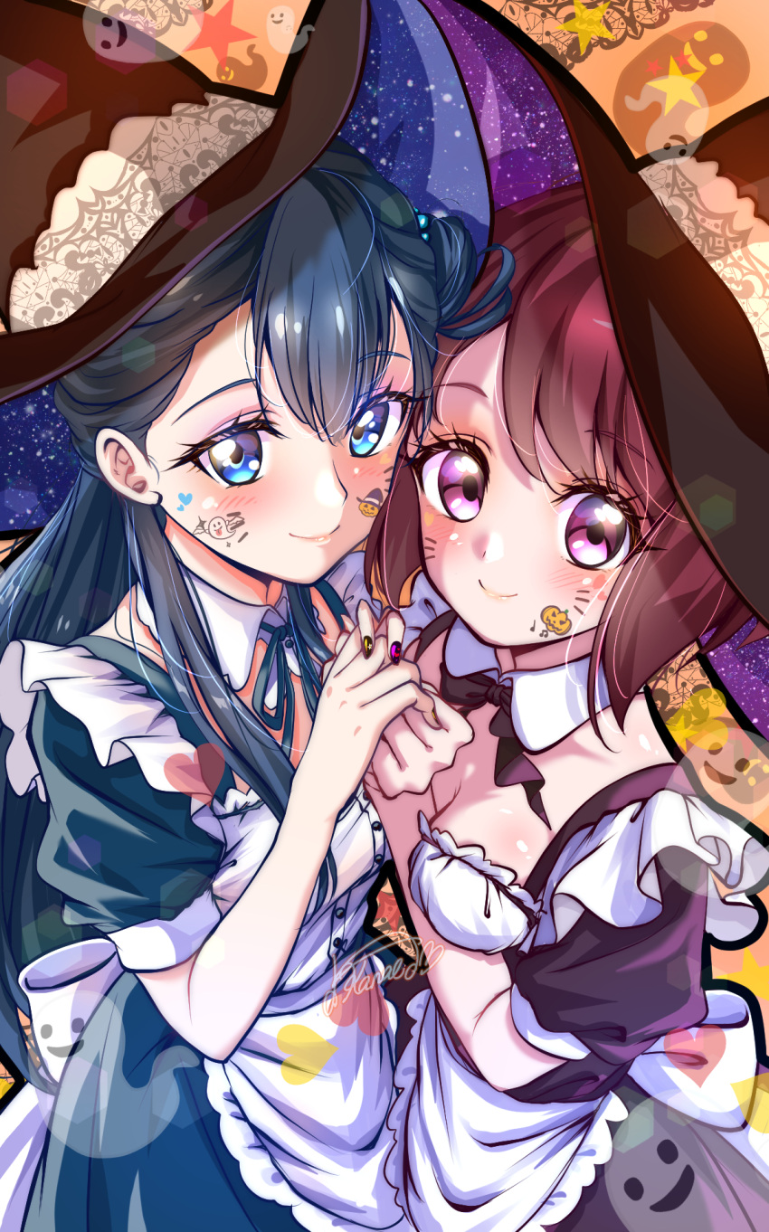 2girls apron black_dress black_hat blue_eyes blue_hair blush breasts cleavage dress female hair_ornament hairclip halloween halloween_costume hanadera_nodoka hat healin'_good_precure highres hugtto!_precure kakikakilemon long_hair looking_at_viewer maid multiple_girls orange_background pink_eyes pink_hair precure pumpkin_background short_hair signature small_breasts smile waist_apron witch witch_hat yakushiji_saaya