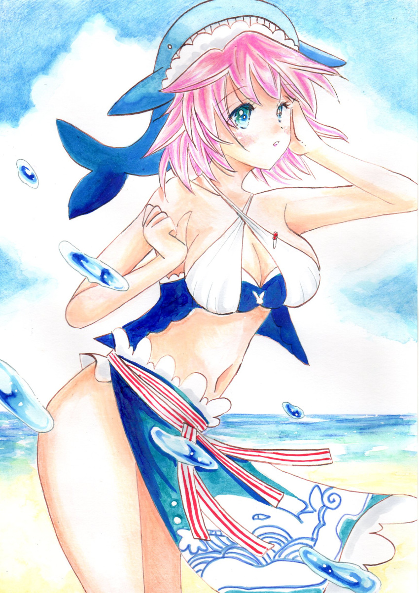 animal_print apron beach bikini blue_apron blue_bikini blue_eyes blue_hat blue_sky blush breasts cleavage cloud cloudy_sky collarbone commentary female fish_print hat highres large_breasts leaning_forward navel ocean okunoda_miyoi parted_lips pink_hair sky solo stomach swimsuit touhou traditional_media whale_hat whale_print white_bikini yukiichigo_momo