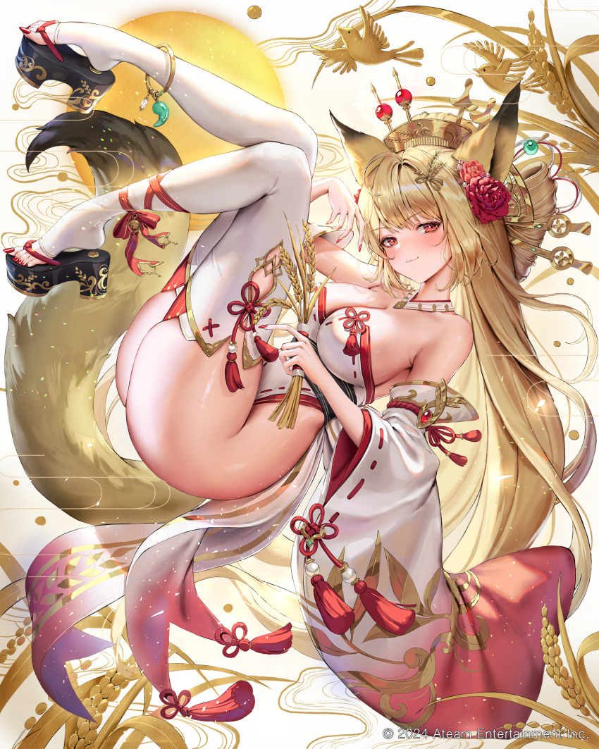 animal_ears anklet bird blonde_hair blush comb copyright_notice detached_sleeves female flower fox_ears fox_girl fox_tail gold_anklet hair_flower hair_ornament hairpin highres holding_wheat jademoon jewelry leggings light_smile looking_at_viewer magatama midair multiple_hairpins orange_eyes original platform_footwear red_flower sandals sangoku_taisen_smash! tail tassel thighs wheat white_background