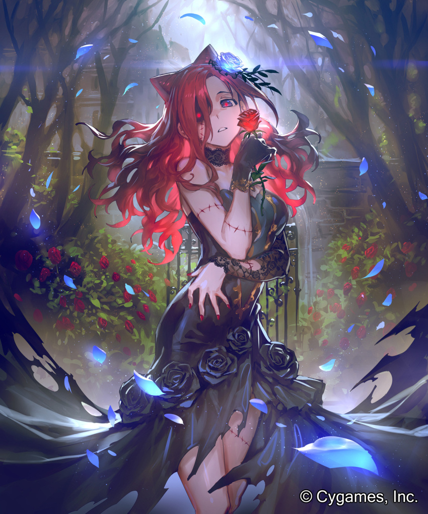 bare_shoulders black_dress black_eyes black_gloves blue_flower branch breasts bush ceres_(shingeki_no_bahamut) commentary_request company_name curvy dark dress falling_petals flower foliage forest gate gloves hair_flower hair_ornament highres holding holding_flower house large_breasts long_dress long_hair looking_at_viewer mansion nature official_art okada_manabi one_eye_covered outdoors parted_lips petals red_flower red_hair red_nails red_pupils red_rose rose shadowverse single_glove solo standing torn_clothes torn_dress tree