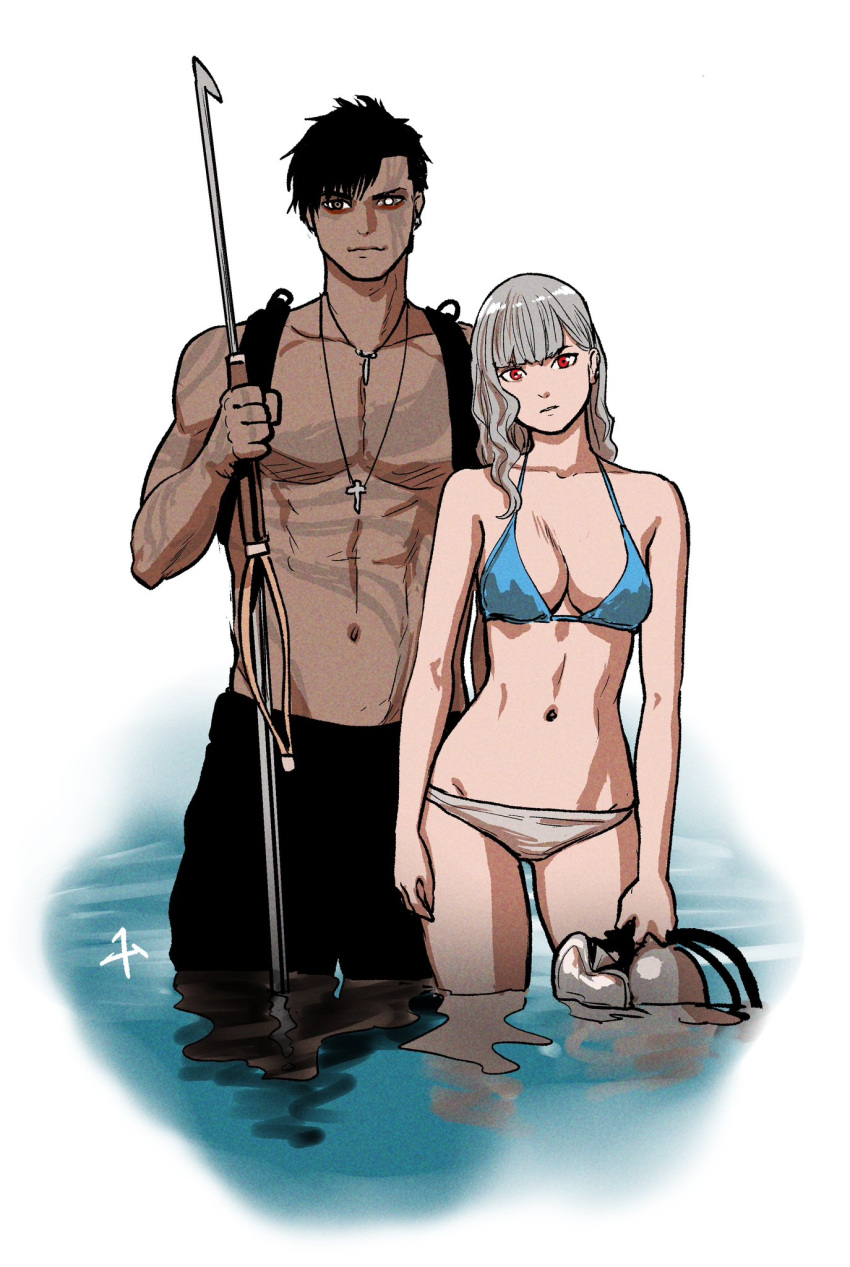 1boy artist_logo bikini bikini_day black_hair black_male_swimwear blue_bikini blunt_bangs breasts closed_mouth collarbone dark-skinned_male dark_skin diving_mask female goggles grey_bikini grey_hair harpoon hashtag-only_commentary heterochromia highres holding_harpoon logo looking_at_viewer male_swimwear medium_breasts medium_hair mismatched_bikini navel original red_eyes short_hair straight-on swimsuit topless_male wading water white_background yomoyama_takashi