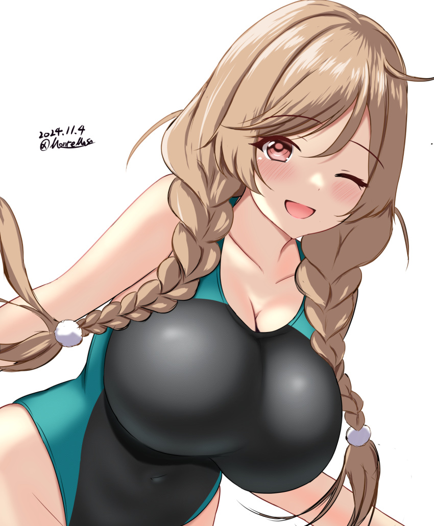 black_one-piece_swimsuit blush braid breasts cloud_hair_ornament competition_swimsuit covered_navel dated female green_one-piece_swimsuit hair_between_eyes highres impossible_clothes impossible_swimsuit kantai_collection large_breasts light_brown_hair long_hair looking_at_viewer minegumo_(kancolle) montemasa multicolored_clothes multicolored_swimsuit one-hour_drawing_challenge one-piece_swimsuit one_eye_closed open_mouth red_eyes smile solo swimsuit twin_braids twitter_username two-tone_swimsuit upper_body white_background