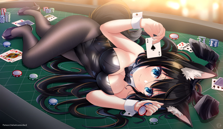 absurdres ace_(playing_card) ace_of_spades animal_ears black_hair black_leotard black_pantyhose blue_eyes bow bowtie breasts card cleavage commentary_request detached_collar feet_out_of_frame female fox_ears fox_tail helvetica_std highres jack_(playing_card) jack_of_hearts leotard lying medium_breasts on_side original pantyhose playboy_bunny playing_card poker_chip poker_table rabbit_ears solo spade_(shape) strapless strapless_leotard table tail wrist_cuffs