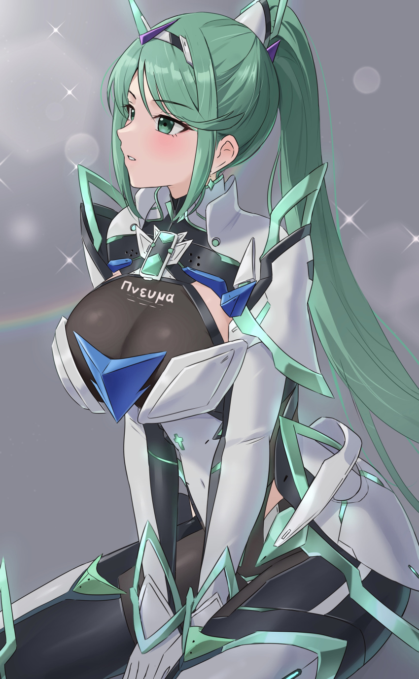 absurdres amayo_thranana armor black_bodysuit bodysuit breasts character_name chest_jewel core_crystal_(xenoblade) female green_eyes green_hair grey_background high_ponytail highres large_breasts long_hair pneuma_(xenoblade) simple_background sitting solo sparkle white_armor xenoblade_chronicles_(series) xenoblade_chronicles_2