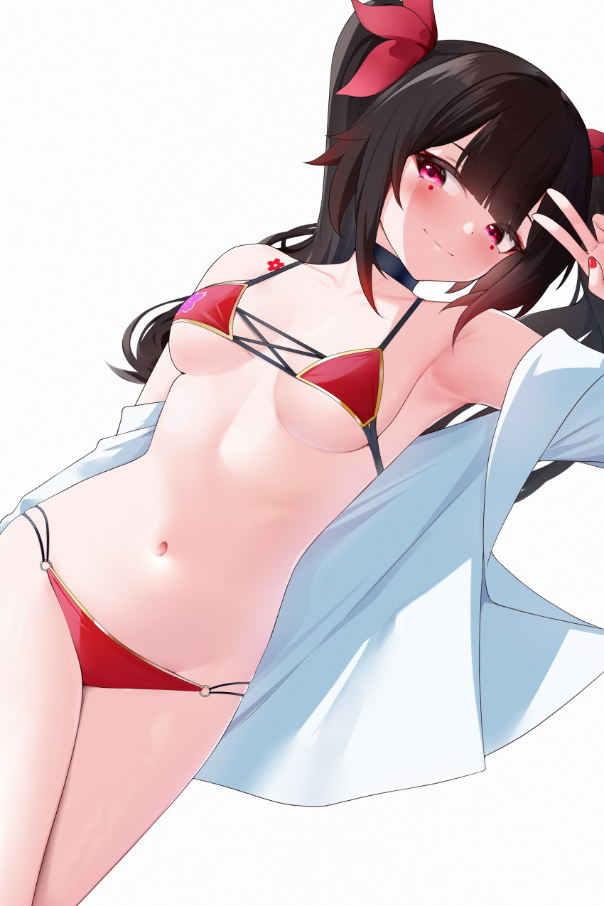 absurdres art_study bikini brown_hair closed_mouth female flower_tattoo hair_ribbon highres honkai:_star_rail honkai_(series) jacket light_blush light_smile lying panties red_bikini red_eyes red_panties ribbon solo sparkle_(honkai:_star_rail) swimsuit tattoo underwear white_background white_jacket zerotwenty_(020)