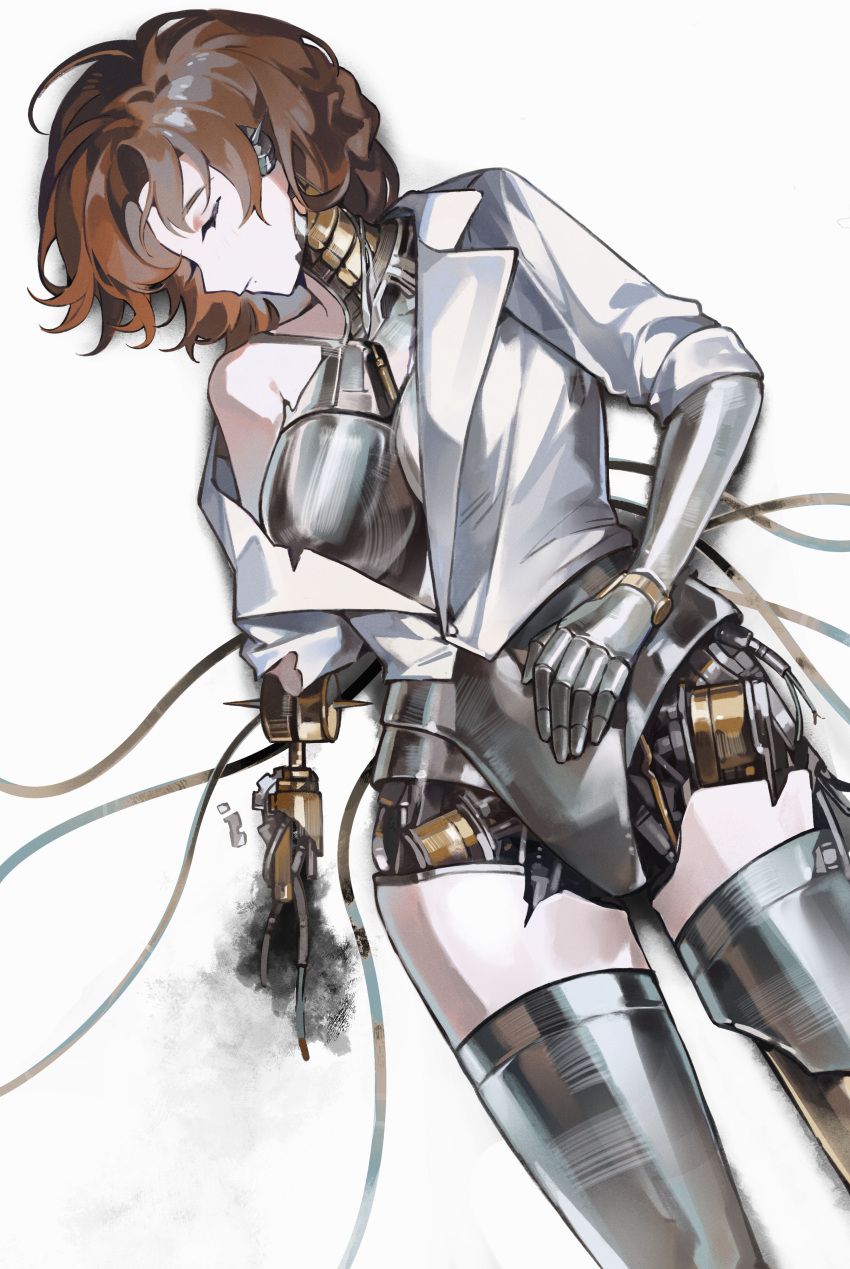 absurdres android breasts brown_hair cable closed_eyes cowboy_shot female highres joints lucy_(reverse:1999) lying medium_breasts metal_skin missing_limb navel on_back profile quanx70909457 reverse:1999 robot_girl robot_joints shirt short_hair single_bare_shoulder single_off_shoulder solo white_background white_shirt