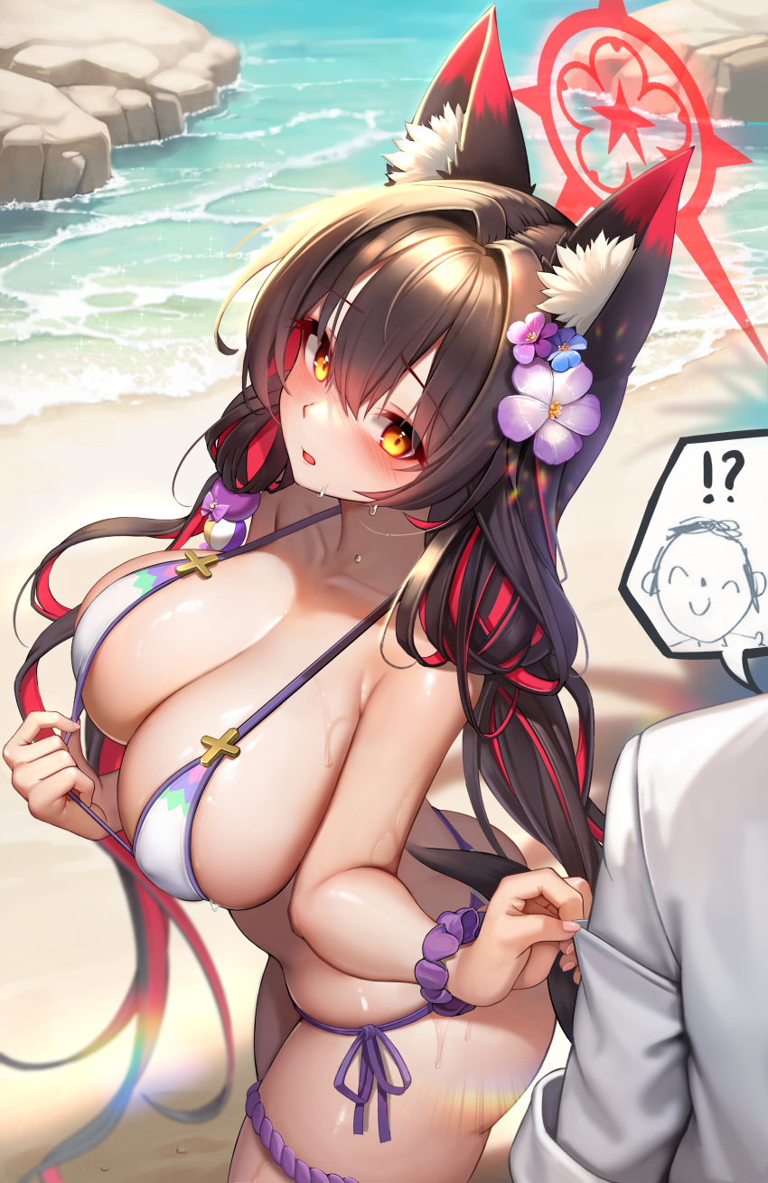 1boy ? absurdres animal_ears beach bikini bikini_top_pull blue_archive blush breasts cleavage clothes_grab colored_inner_hair commentary_request doodle_sensei_(blue_archive) female flower fox_ears hair_flower hair_intakes hair_ornament halo highres large_breasts multicolored_hair ocean official_alternate_costume open_mouth outdoors pov red_hair red_halo rope sensei_(blue_archive) shimenawa shirt_grab side-tie_bikini_bottom spoken_character straight swimsuit tun_chicken wakamo_(blue_archive) wakamo_(swimsuit)_(blue_archive) yellow_eyes