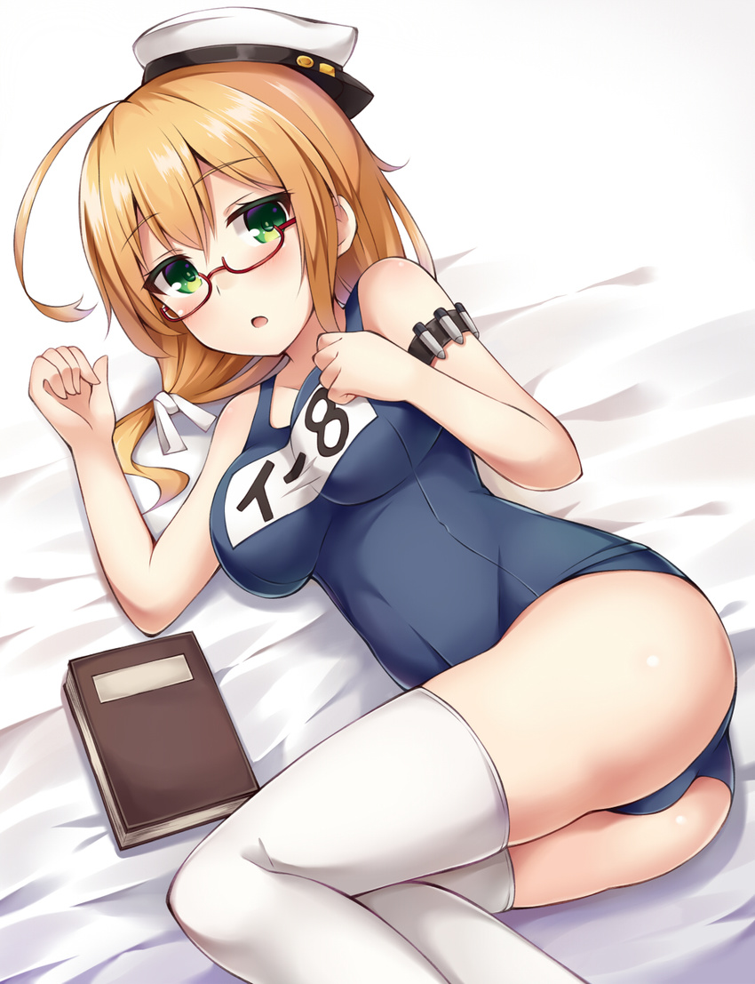 ass blonde_hair book character_name commentary_request female glasses green_eyes hat highres i-8_(kancolle) kantai_collection long_hair lying on_side one-piece_swimsuit open_mouth school_swimsuit solo suna_(transports) swimsuit thighhighs twintails white_thighhighs