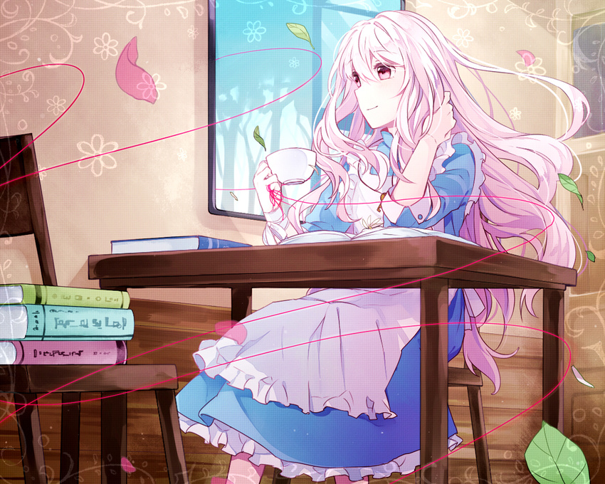 apron blue_dress book chair commentary_request cup day dress female flower frilled_apron frilled_dress frills from_side holding holding_cup holding_string hoshiyui_tsukino indoors jewelry kagerou_project key kozakura_marry leaf light_smile long_hair looking_to_the_side necklace no_hair_bow no_hair_ornament no_hairband on_chair open_book petals pink_eyes sitting skylight smile solo string string_around_finger string_of_fate strong table teacup white_apron white_hair window wooden_chair wooden_table wooden_wall