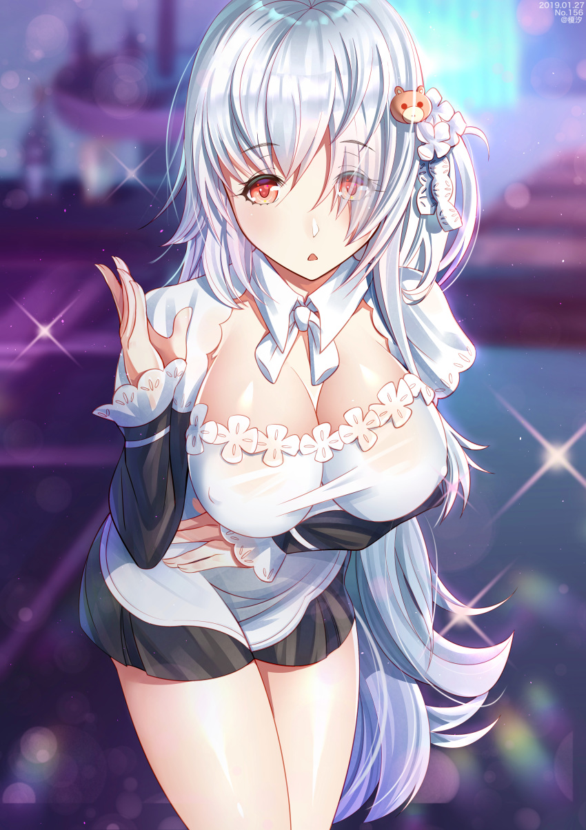 absurdres alternate_costume bad_id bad_pixiv_id bear_hair_ornament blurry blush bokeh breasts cleavage commentary_request depth_of_field dress enmaided eyes_visible_through_hair female girls'_frontline glint hair_ornament hair_over_one_eye hand_up highres jiaxi_daze large_breasts long_hair looking_at_viewer maid photoshop_(medium) pk_(girls'_frontline) red_eyes shrug_(clothing) skirt solo sparkle very_long_hair white_hair