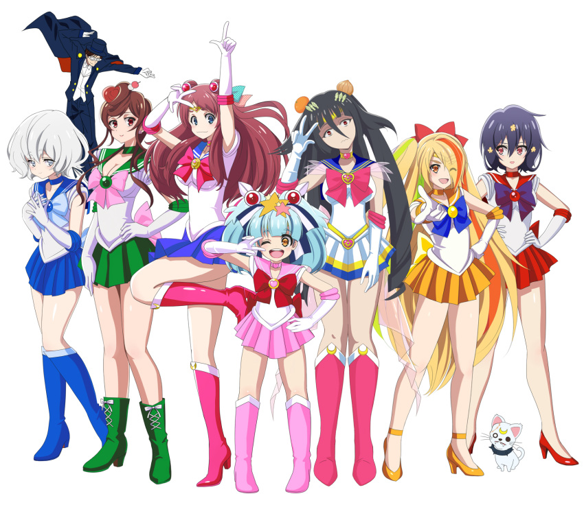 1boy 6+girls :d ;d arm_up artemis_(sailor_moon) artemis_(sailor_moon)_(cosplay) bishoujo_senshi_sailor_moon bishoujo_senshi_sailor_moon_s black_cape black_hair black_hat black_pants blonde_hair blue_bow blue_choker blue_eyes blue_footwear blue_hair blue_sailor_collar blue_skirt boots bow breasts brooch brown_hair canine cape choker circlet cleavage clenched_hand collar commentary_request cosmic_heart_compact cosplay crescent crescent_facial_mark elbow_gloves facial_mark fish flat_chest food formal fruit gloves green_choker green_footwear green_sailor_collar grey_eyes grey_hair hair_ornament hair_over_one_eye hairbow hand_on_own_hip hands_on_own_hips hands_up hat heart heart_brooch heart_hair high_heels highres hoshikawa_lily inner_senshi jewelry knee_boots konno_junko light_blue_hair light_green_hair long_hair looking_at_another looking_at_viewer magical_girl mask medium_breasts minamoto_sakura mitsuishi_kotono mizuno_ai multicolored_hair multiple_girls nikaidou_saki one_eye_closed onion open_mouth orange_(fruit) orange_hair pants pink_bow pink_footwear pink_sailor_collar pink_skirt pirochi pointing pointing_at_viewer pose red_bow red_eyes red_footwear red_hair red_sailor_collar red_skirt romero_(zombie_land_saga) sailor_chibi_moon sailor_chibi_moon_(cosplay) sailor_collar sailor_jupiter sailor_jupiter_(cosplay) sailor_mars sailor_mars_(cosplay) sailor_mercury sailor_mercury_(cosplay) sailor_moon sailor_moon_(cosplay) sailor_moon_pose sailor_senshi sailor_senshi_uniform sailor_venus sailor_venus_(cosplay) sidelocks skirt smile spiked_collar spikes standing standing_on_one_leg star_(symbol) star_hair_ornament streaked_hair suit super_sailor_moon super_sailor_moon_(cosplay) takato_yasuhiro tatsumi_koutarou tuxedo_kamen tuxedo_kamen_(cosplay) v very_long_hair voice_actor_connection wavy_mouth white_gloves white_skirt yamada_tae yellow_footwear yellow_sailor_collar yuugiri_(zombie_land_saga) zombie_land_saga