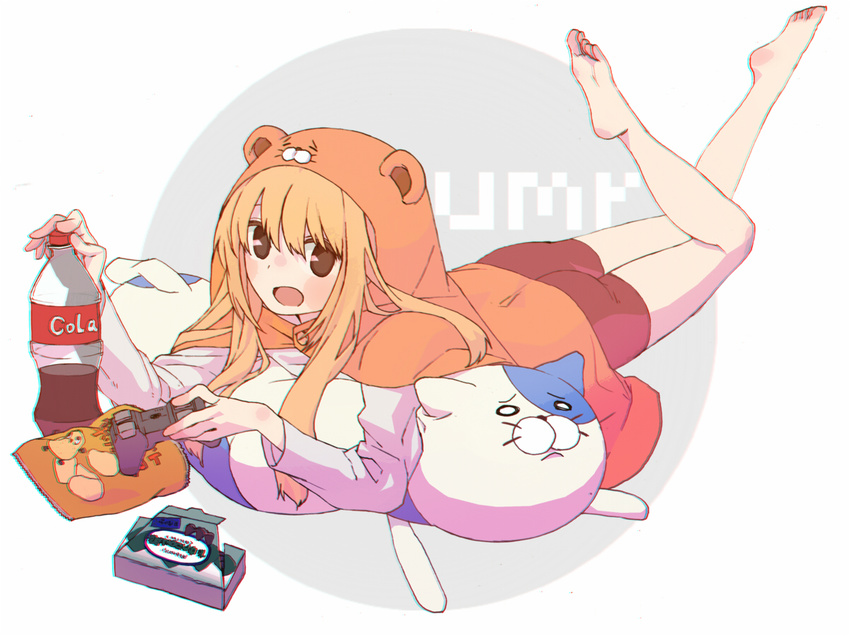 animal_hood anry_(rmrnmrm) artist_request ass barefoot blush_stickers casual controller doma_umaru female female hamster_costume himouto!_umaru-chan hood horts light_brown_hair long_hair looking_at_viewer lying necolumbus nekoronbusu on_stomach simple_background solo stuffed_animal stuffed_toy