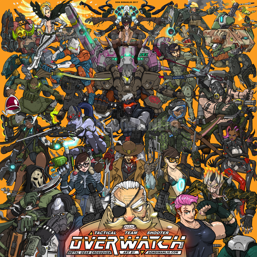 2017 6+boys 6+girls ana_(overwatch) artist_name assault_rifle bastion_(overwatch) big_boss bikini_top bullpup cigar cosplay crossover cyborg d.va_(overwatch) dark_skin don_dimanlig dual_wielding eva_(mgs) everyone eyepatch famas fatman fortune_(metal_gear) ganymede_(overwatch) gekko_(mgs) genji_(overwatch) gray_fox gun gunblade hal_emmerich handgun hanzo_(overwatch) highres junkrat_(overwatch) liquid_snake lucio_(overwatch) mccree_(overwatch) mei_(overwatch) meka_(overwatch) mercy_(overwatch) meryl_silverburgh metal_gear_(series) metal_gear_ray metal_gear_rex metal_gear_rising:_revengeance metal_gear_solid metal_gear_solid_2 metal_gear_solid_4 mistral_(metal_gear_rising) multiple_boys multiple_girls ninja omnic orisa_(overwatch) overwatch pharah_(overwatch) pistol power_armor power_suit psycho_mantis quiet_(metal_gear) raging_raven raiden reaper_(overwatch) reinhardt_(overwatch) revolver_ocelot rifle roadhog_(overwatch) robot samuel_rodrigues shooting_glasses sniper_rifle sniper_wolf soldier:_76_(overwatch) solid_snake sombra_(overwatch) symmetra_(overwatch) tagme the_boss the_end the_sorrow torbjorn_(overwatch) tracer_(overwatch) vamp visor vulcan_raven watermark weapon wheelchair widowmaker_(overwatch) winston_(overwatch) zarya_(overwatch) zenyatta_(overwatch)