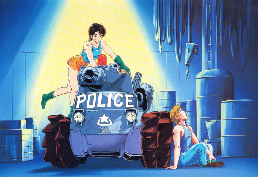 1980s_(style) 1boy absurdres al'cu_ad_solte artist_request black_hair blonde_hair blue_eyes bonaparte_(tank) brown_eyes cleaning cyberpunk dominion_(manga) female gloves hangar highres leona_ozaki military military_vehicle motor_vehicle official_art police retro_artstyle scan short_hair tank tank_top workshop