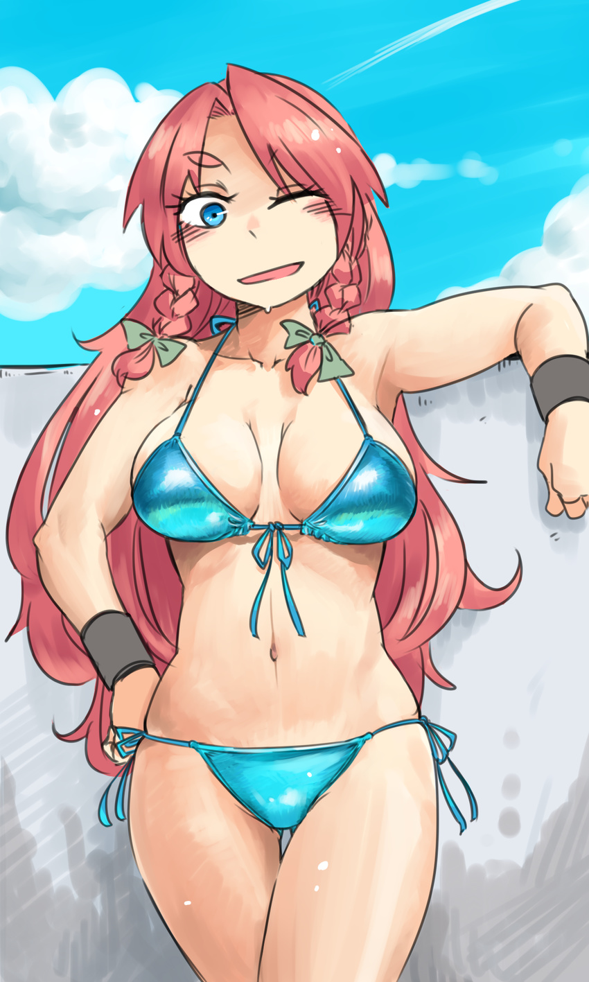 against_wall alternate_costume aqua_bikini aqua_eyes bikini blush braid breasts breasts_apart cloud cloudy_sky commentary_request crossed_legs day eyebrows female front-tie_top green_ribbons hand_on_own_hip highres hong_meiling large_breasts long_hair looking_at_viewer navel one_eye_closed ponke red_hair ribbon shiny_skin side-tie_bikini_bottom sky smile solo standing stomach stone_wall sweatdrop swimsuit thigh_gap touhou twin_braids wall wavy_hair