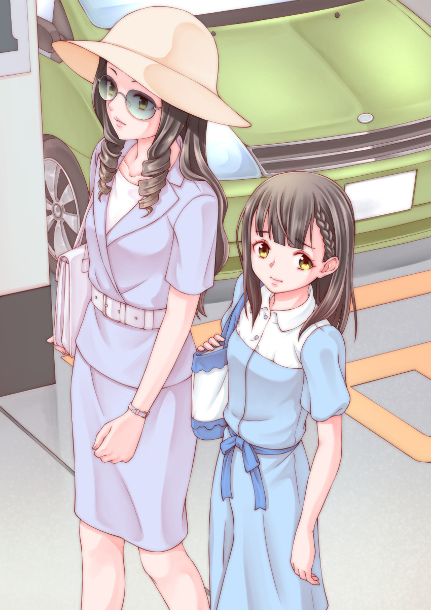 2girls arm_at_side bad_id bad_pixiv_id bag belt black_hair blue_dress blue_skirt braid car commentary_request dress drill_hair glasses handbag hat highres lipstick long_hair looking_at_viewer makeup mother_and_daughter motor_vehicle multiple_girls pencil_skirt shiraishi_tamiko shiraishi_yuzuki short_sleeves sidelocks skirt sora_yori_mo_tooi_basho standing tinted_eyewear tsukune_(seseri) wristband