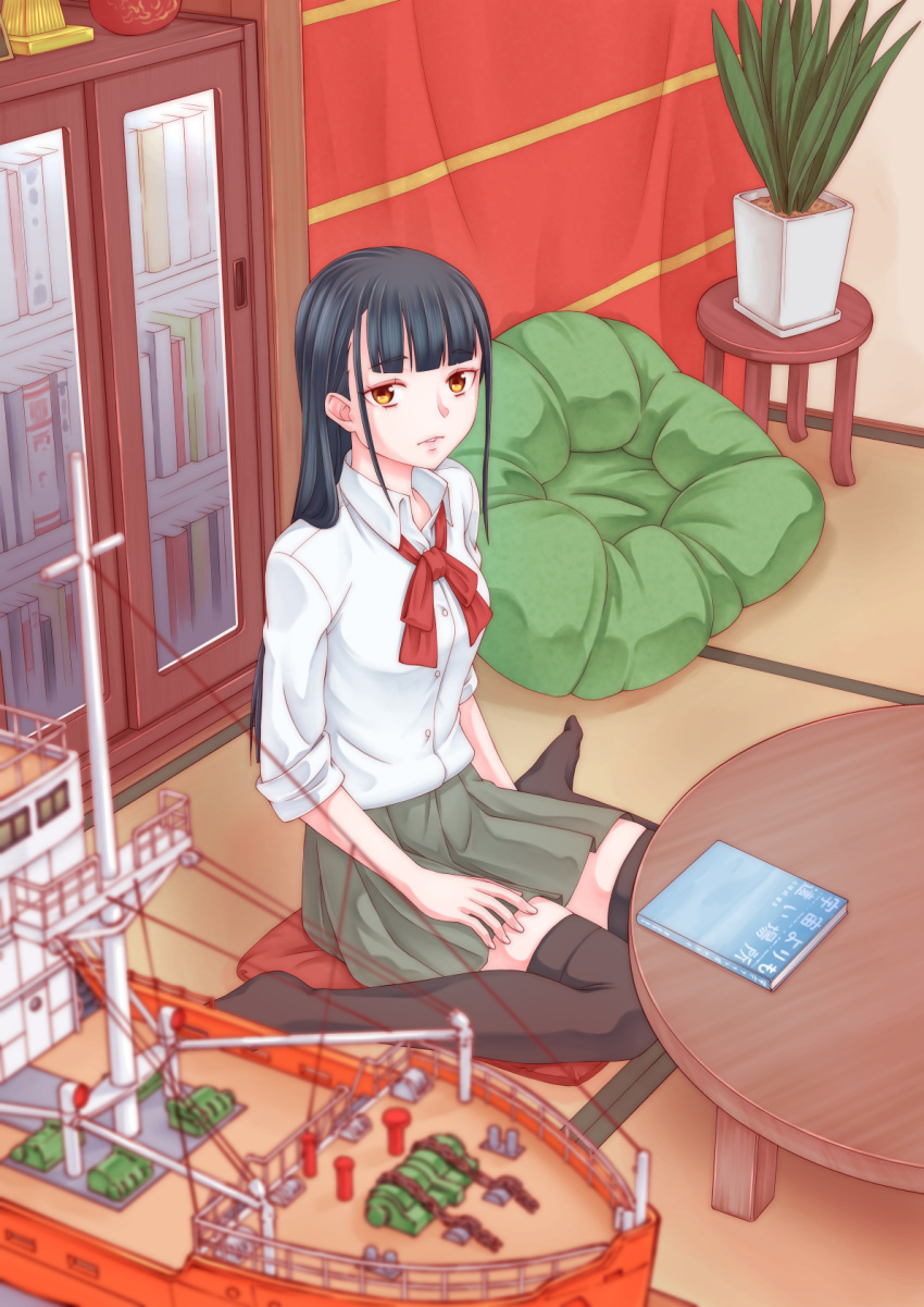 bad_id bad_pixiv_id bean_bag_chair black_legwear blunt_bangs blurry blurry_foreground book bookshelf brown_eyes commentary_request female green_skirt hand_on_lap highres indoors kobuchizawa_shirase long_hair looking_at_viewer model_ship parted_lips pillow plant potted_plant red_neckwear school_uniform shirt sitting skirt sora_yori_mo_tooi_basho table tatami thighhighs tsukune_(seseri) very_long_hair wariza white_shirt