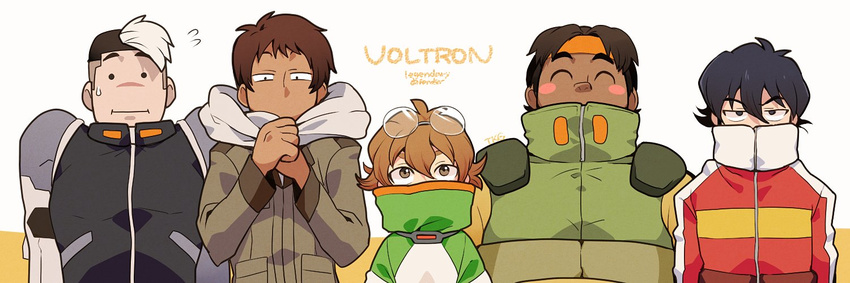 4boys :i ^_^ annoyed arms_at_sides black_eyes black_hair blush blush_stickers brown_eyes brown_hair closed_eyes commentary_request copyright_name covered_mouth crossdressing dark_skin eyewear_on_head female flying_sweatdrops glasses hair_between_eyes half-closed_eyes headband high_collar hood hoodie hunk_(voltron) jacket jitome keith_(voltron) lance_(voltron) lineup long_sleeves looking_at_viewer male_focus multicolored_hair multiple_boys nervous own_hands_together pidge_gunderson reverse_trap rimless_eyewear round_eyewear sanpaku side-by-side solid_circle_eyes sweatdrop t_k_g takashi_shirogane two-tone_background two-tone_hair upper_body voltron:_legendary_defender voltron_(series) w_arms white_background white_hair