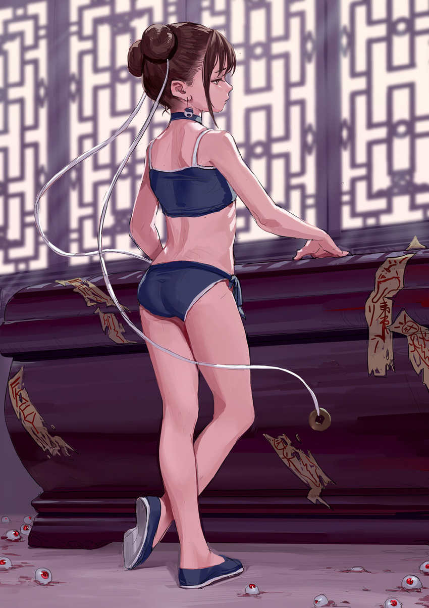 artist_name ass bare_arms bare_legs bare_shoulders bikini blue_bikini blue_choker blue_footwear brown_eyes brown_hair choker commentary double_bun earrings eyeball eyeball_bracelet_girl_(fkey) female fkey full_body hair_bun hair_ribbon half-closed_eyes highres indoors jewelry ofuda original profile ribbon shadow shoes short_hair side-tie_bikini_bottom sidelocks solo standing swimsuit symbol-only_commentary tankini thighs white_ribbon yin_yang yin_yang_earrings