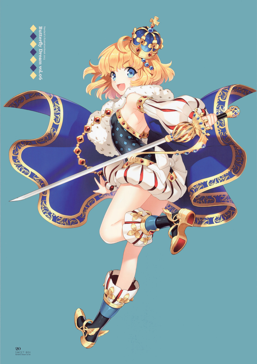 :d absurdres arched_crown armpits bare_shoulders black_tube_top blonde_hair blue_cape blue_crown blue_eyes boots breasts cape crown female full_body fur_trim highres holding holding_sword holding_weapon jewelry knee_boots left-handed leg_up long_sleeves looking_at_viewer looking_back md5_mismatch nardack oerba_yun_fang open_mouth original page_number puff_and_slash_shorts puff_and_slash_sleeves puffy_shorts puffy_sleeves scan shirt shorts small_breasts smile solo standing standing_on_one_leg strapless sword tube_top v-shaped_eyebrows weapon white_shirt