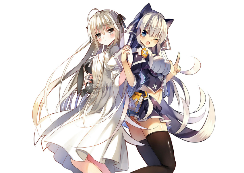 2girls ;d ahoge animal_ears ass astaroth_(uchi_no_hime-sama) back-to-back black_legwear black_ribbon blue_eyes blush book breasts buttons cat_ears commentary_request crop_top crossover dress embarrassed fake_animal_ears flipped_hair grey_eyes hair_between_eyes hair_ribbon hand_up hands_up happy head_tilt holding holding_hands holding_stuffed_toy impossible_clothes index_finger_raised interlocked_fingers jiji_(381134808) juliet_sleeves kasugano_sora large_breasts large_buttons leg_lift long_hair long_sleeves looking_at_viewer looking_back midriff miniskirt multiple_girls navel one_eye_closed open_mouth pleated_dress pleated_skirt puffy_sleeves ribbon shirt simple_background skirt small_breasts smile standing standing_on_one_leg straight_hair stuffed_animal stuffed_rabbit stuffed_toy thighhighs uchi_no_hime-sama_ga_ichiban_kawaii very_long_hair white_background white_dress white_hair white_ribbon yosuga_no_sora zettai_ryouiki