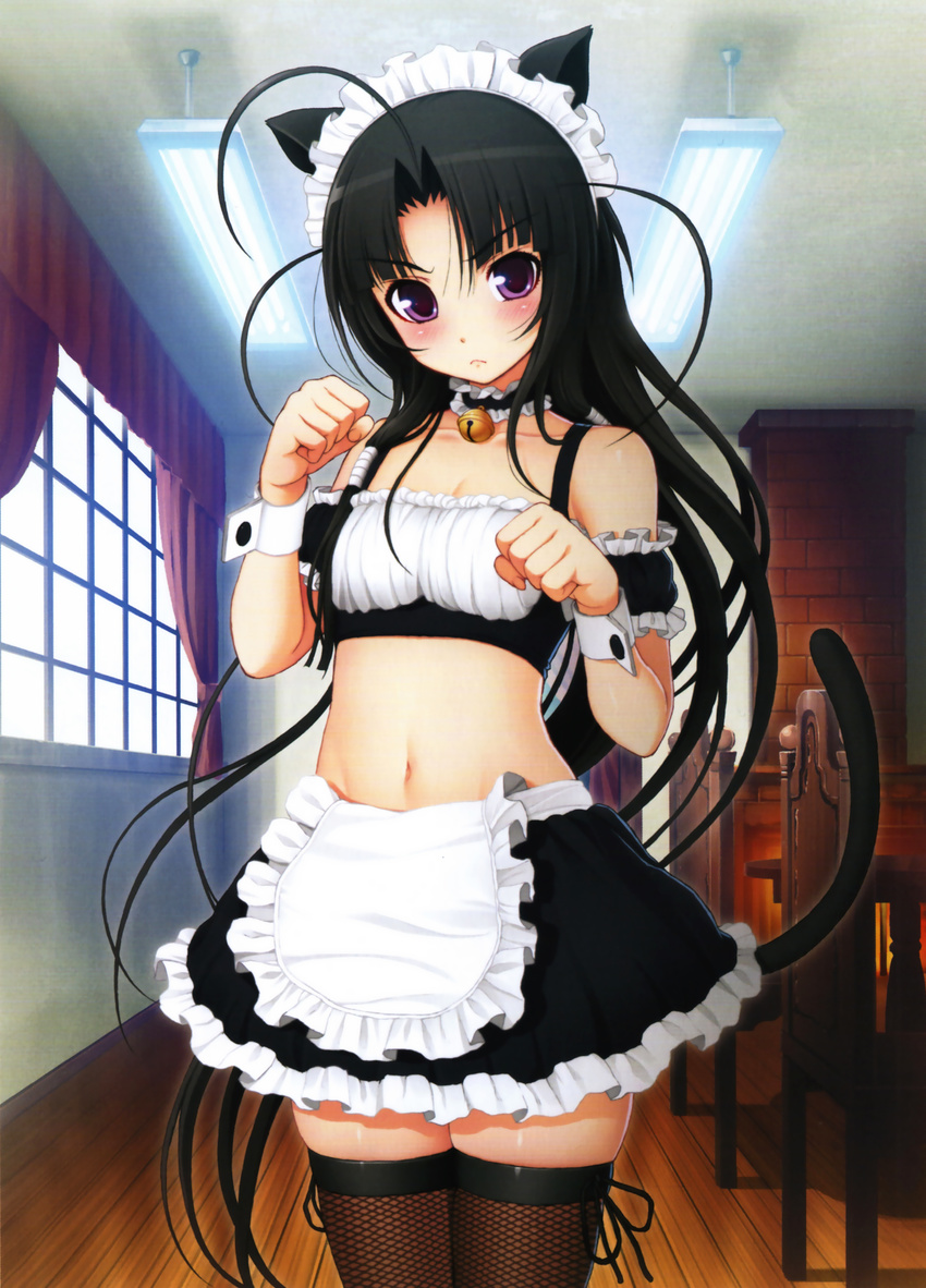 absurdres ahoge animal_ears apron bell black_hair black_thighhighs blush breasts cat_ears cat_tail choker crop_top female fishnet_thighhighs fishnets highres long_hair looking_at_viewer maid_headdress midriff navel neck_bell oki_kiki paw_pose photoshop_(medium) purple_eyes scan shiny_skin skindentation small_breasts solo standing stomach sumaga tail thighhighs tsuji_santa very_long_hair wrist_cuffs