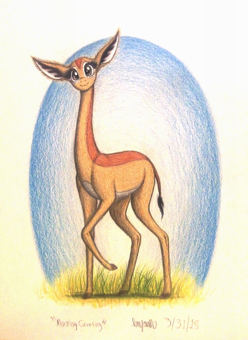 2018 antelope black_eyes black_tail bovid brown_body brown_fur brown_hooves brown_markings brown_tail colored_pencil_(artwork) countershade_torso countershading eye_markings eyelashes facial_markings fan_character female feral forehead_markings front_view full-length_portrait fur gerenuk grass hasbro head_markings head_tilt hi_res hooves light lighting long_legs long_neck looking_at_viewer mammal markings multicolored_body multicolored_fur my_little_pony nuk_the_gerenuk plant portrait quadruped raised_leg shadow simple_background slim smile solo standing tail tail_tuft thefriendlyelephant toony traditional_media_(artwork) true_antelope tuft two_tone_body two_tone_fur two_tone_tail very_long_neck white_background white_body white_countershading white_fur white_markings