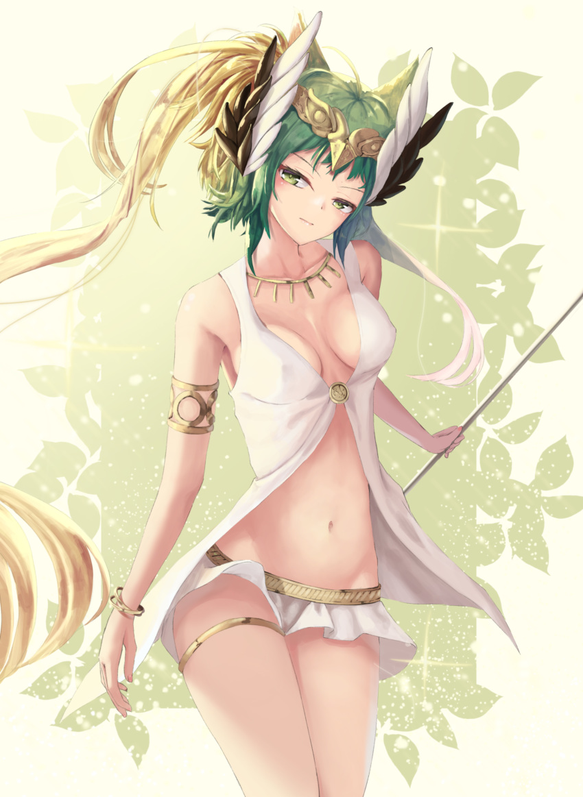 absurdres armlet atalanta_(fate) blonde_hair bracelet breasts circe_(fate) circe_(fate)_(cosplay) cleavage collarbone commentary_request cosplay covered_nipples cowboy_shot fate/apocrypha fate_(series) female floating_hair green_eyes green_hair hair_ornament head_tilt highres holding jewelry long_hair medium_breasts microskirt midriff multicolored_hair navel necklace nekobell photoshop_(medium) skirt solo standing stomach thighlet two-tone_hair very_long_hair white_skirt