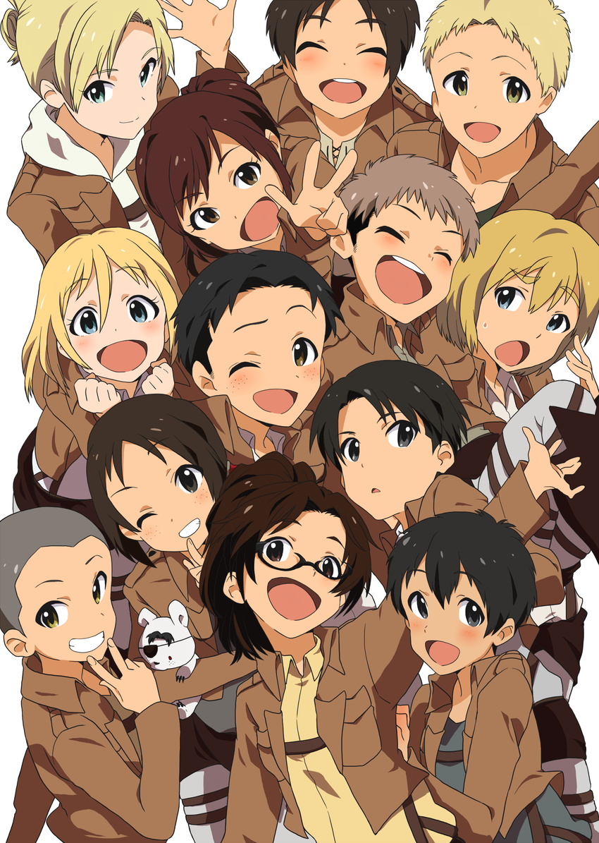 5girls 6+boys :d annie_leonhart armin_arlert bad_id bad_pixiv_id bertolt_hoover boots connie_springer cropped_jacket eren_yeager everyone glasses hange_zoe highres idolmaster jean_kirstein krista_lenz levi_(shingeki_no_kyojin) marco_bott multiple_boys multiple_girls open_mouth paradis_military_uniform parody pipe_(suzikiippo) reiner_braun sasha_blouse shingeki_no_kyojin smile strap style_parody v ymir_(shingeki_no_kyojin)