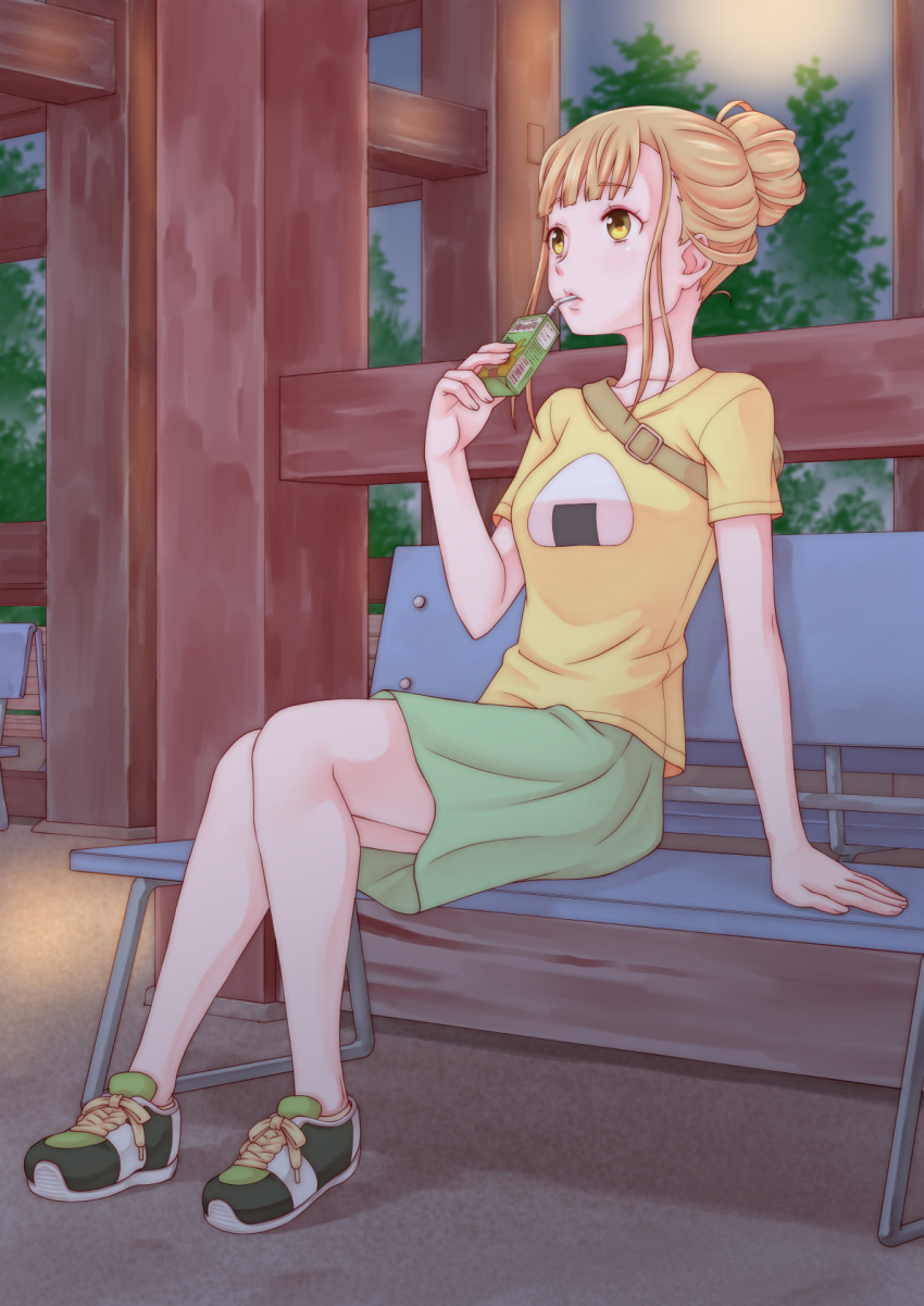 arm_support bad_id bad_pixiv_id bag bench blonde_hair commentary_request drinking drinking_straw female food full_body green_skirt hair_bun handbag highres juice_box looking_afar miyake_hinata onigiri outdoors shirt shoes short_sleeves sidelocks single_hair_bun sitting skirt sneakers solo sora_yori_mo_tooi_basho t-shirt tree tsukune_(seseri) yellow_eyes yellow_shirt