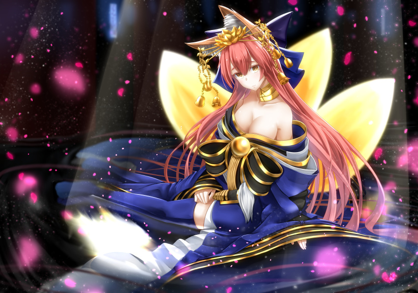 absurdres animal_ear_fluff animal_ears bell blue_kimono blue_ribbon blue_thighhighs breasts cherry_blossoms cleavage collarbone crown fate/extra fate/grand_order fate_(series) female fox_ears fox_girl fox_tail hair_ribbon highres japanese_clothes kimono large_breasts long_hair looking_at_viewer multiple_tails off_shoulder official_alternate_costume petals pink_hair ribbon sitting solo tail tamamo_(fate) tamamo_no_mae_(fate/extra) tamamo_no_mae_(third_ascension)_(fate) thighhighs totororo very_long_hair yellow_eyes