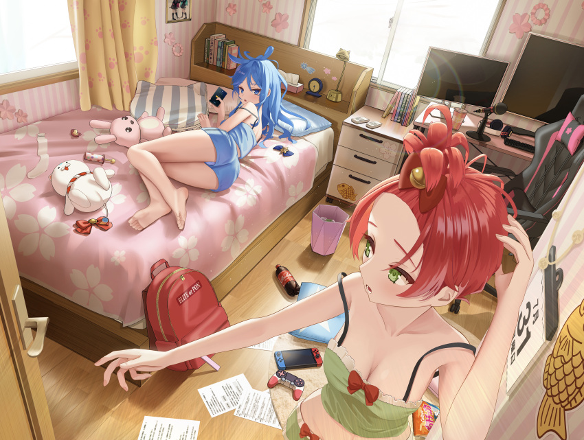 2girls 35p_(sakura_miko) absurdres alarm_clock alternate_costume alternate_hair_color alternate_hairstyle asakura_(asa_t77) ass bare_legs bare_shoulders barefoot bed_sheet bedroom blue_bow blue_eyes blue_shirt blue_shorts book bow breasts calendar_(object) cellphone chair cherry_blossom_print clock coca-cola collarbone commentary_request controller cowboy_shot curtains desk dualshock dutch_angle eyelashes feet floral_print forehead full_body game_controller gamepad gaming_chair green_eyes green_shirt green_shorts hair_between_eyes hair_up hairbow hand_up highres holding hololive hoshimachi_suisei indoors lamp legs lens_flare long_hair medium_breasts messy_hair micomet_(hololive) microphone multiple_girls nintendo_switch on_bed open_mouth phone pillow playstation_controller red_bow red_hair sakura_miko shirt shorts sleepwear small_breasts smartphone socks soda_bottle soles standing strap_slip stuffed_animal stuffed_toy swivel_chair thighs tissue_box toes trash_can unworn_socks virtual_youtuber white_socks window wooden_floor