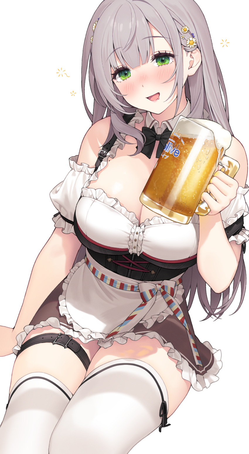 :d absurdres alcohol apron arm_support beer beer_mug bench blunt_bangs blush breasts cleavage cup detached_sleeves dirndl evening female flower food german_clothes green_eyes grey_hair hair_flower hair_ornament highres holding holding_cup hololive large_breasts long_hair looking_at_viewer mug official_alternate_costume official_alternate_hair_length official_alternate_hairstyle open_mouth shirogane_noel shirogane_noel_(dirndl) smile solo thick_thighs thighhighs thighs very_long_hair virtual_youtuber white_thighhighs wrist_cuffs yeije