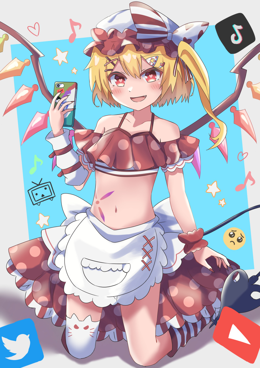 absurdres apron back_bow blonde_hair blue_background bow commentary_request crystal crystal_wings eighth_note emoji female fingernails flandre_scarlet frilled_apron frills hat heart heart-shaped_pupils heart_ribbon high_meron highres holding holding_phone internet_survivor midriff mob_cap multicolored_bow multicolored_wings musical_note nail_polish navel niconico open_mouth phone pleading_face_emoji pocket polka_dot polka_dot_headwear polka_dot_skirt red_eyes red_nails sharp_fingernails side_ponytail simple_background skirt solo star_(symbol) stomach stomach_tattoo symbol-shaped_pupils tattoo tiktok_logo touhou twitter_logo waist_apron waist_bow white_apron white_bow wings youtube_logo