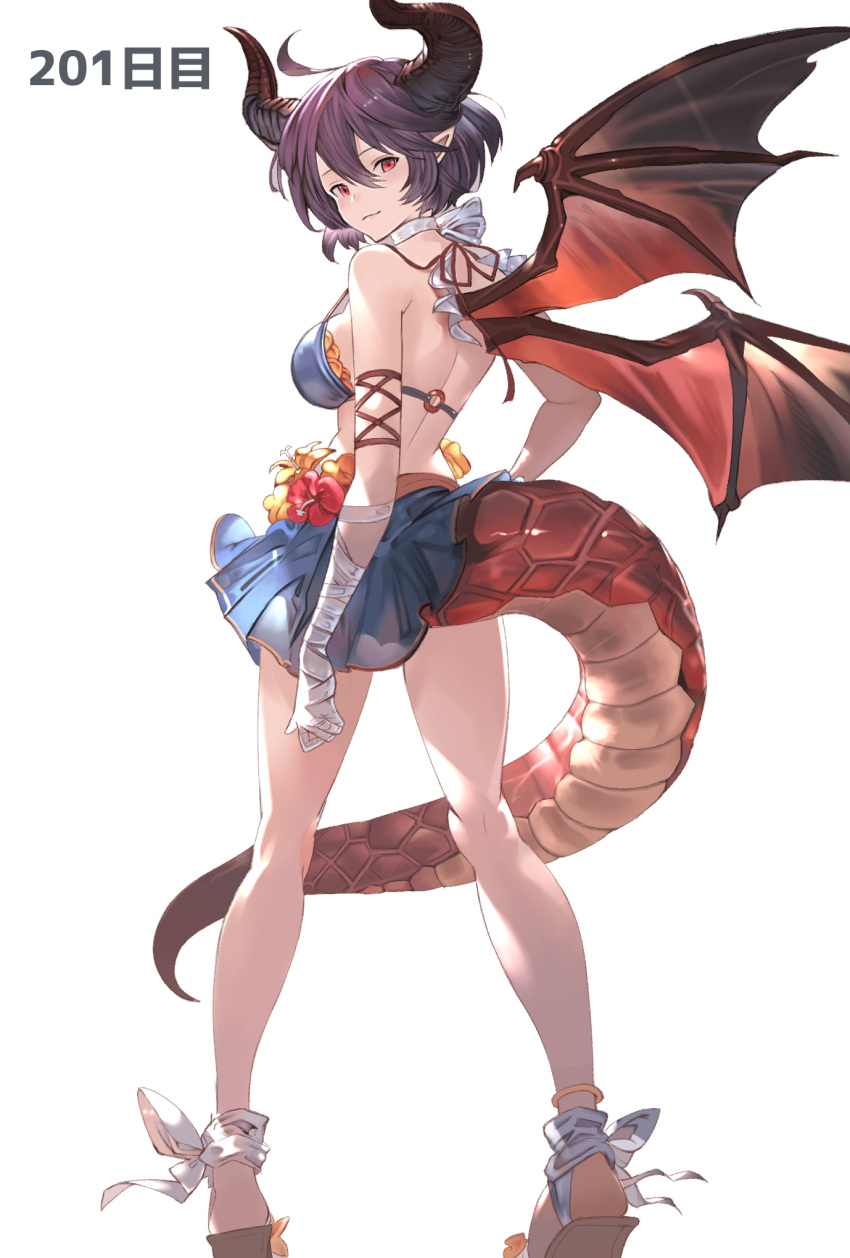 bandaged_hand bandages bare_shoulders bikini bikini_skirt blue_bikini blue_skirt breasts dragon_girl dragon_horns dragon_tail dragon_wings female from_behind granblue_fantasy grea_(shingeki_no_bahamut) highres horns large_breasts looking_at_viewer looking_back mikamiruka_0728 pointy_ears purple_hair red_eyes sandals shingeki_no_bahamut short_hair skirt solo swimsuit tail white_background wings