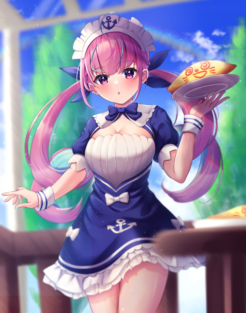 :o absurdres anchor_symbol blue_dress blue_hair blue_ribbon blue_sky blurry blurry_background bow braid breasts cleavage cloud colored_inner_hair commentary_request day depth_of_field dress female food frilled_dress frills hair_ribbon hand_up highres holding holding_tray hololive long_hair looking_at_viewer maid_headdress medium_breasts minato_aqua minato_aqua_(1st_costume) multicolored_hair neko_punch_(user_hddm3373) omelet omurice outdoors parted_lips pink_hair puffy_short_sleeves puffy_sleeves purple_eyes rainbow ribbon short_sleeves sky solo streaked_hair tray twintails two-tone_hair very_long_hair virtual_youtuber white_bow wrist_cuffs