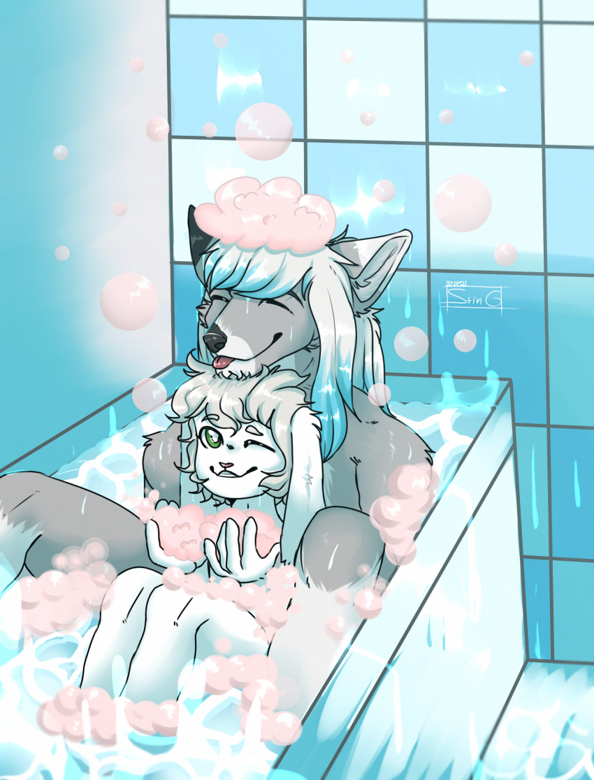 anthro bath blep bubble_bath canid canine canis closed_eyes cuddling dante_kinkade duo hi_res hug lagomorph leporid male male/male mammal rabbit sting_12 tongue tongue_out wolf zack_(thezackrabbit)