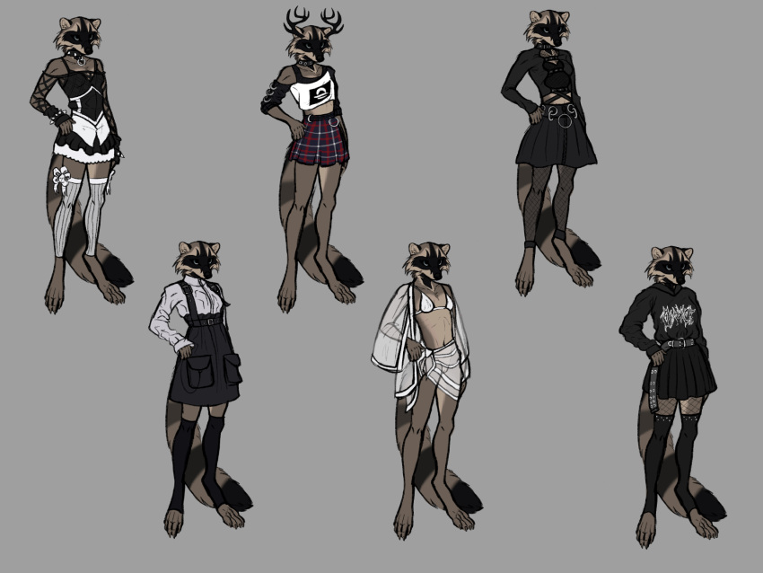 alternative_fashion anthro bailey_(crowsfire) black_body black_fur black_nose bottomwear brown_body clothing collar costume crowsfire female footwear fur goth hi_res legwear mammal procyonid punk raccoon skirt skirts socks tail_under_skirt thigh_highs thigh_socks