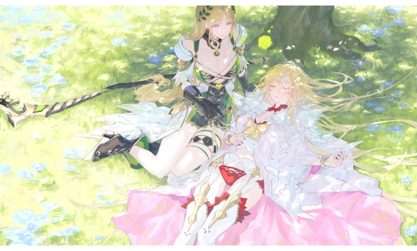 2girls blonde_hair boots braid breasts crown_braid demeter_(fate) dress europa_(fate) fate/grand_order fate_(series) flower highres large_breasts long_hair looking_at_another multiple_girls panties purple_eyes red_panties sleeping tree uda_(xax_057) underwear very_long_hair white_dress