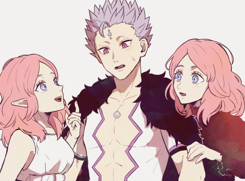 1boy 2girls black_clover blue_eyes collarbone commentary_request dress dual_persona elf fana_(elf)_(black_clover) fana_(human)_(black_clover) fur-trimmed_shirt fur_trim grey_hair highres mars_(black_clover) multiple_girls muscular nasaya_(sayayu) open_clothes open_mouth open_shirt pink_hair pointy_ears purple_eyes shirt short_hair spiked_hair surprised sweatdrop white_dress wide-eyed