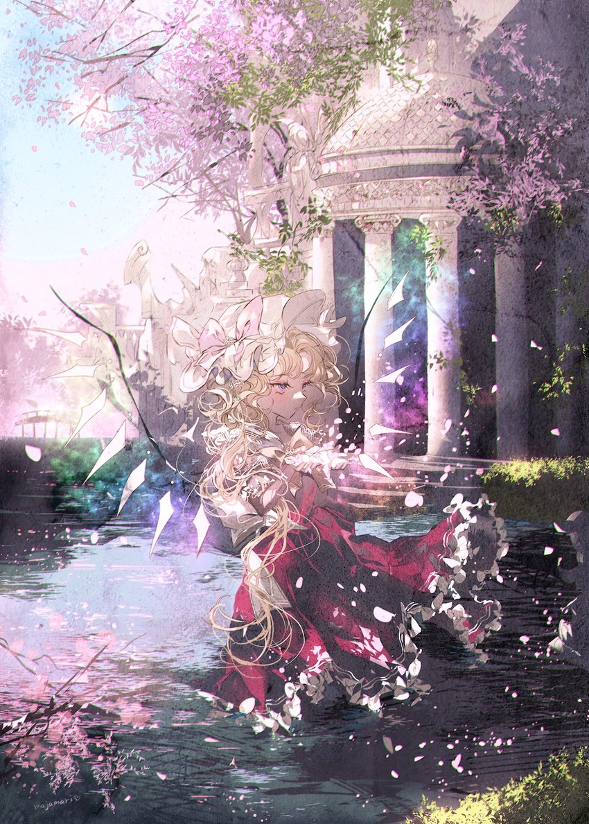 ascot aura bat_wings blonde_hair bridge cherry_blossoms crystal day female flandre_scarlet frills hat hat_ribbon highres laevatein_(touhou) lake long_hair long_skirt majamari mob_cap nature outdoors pillar red_eyes red_vest ribbon serious short_sleeves side_ponytail skirt skirt_set sky solo standing statue touhou tree vest water wind wings yellow_ascot