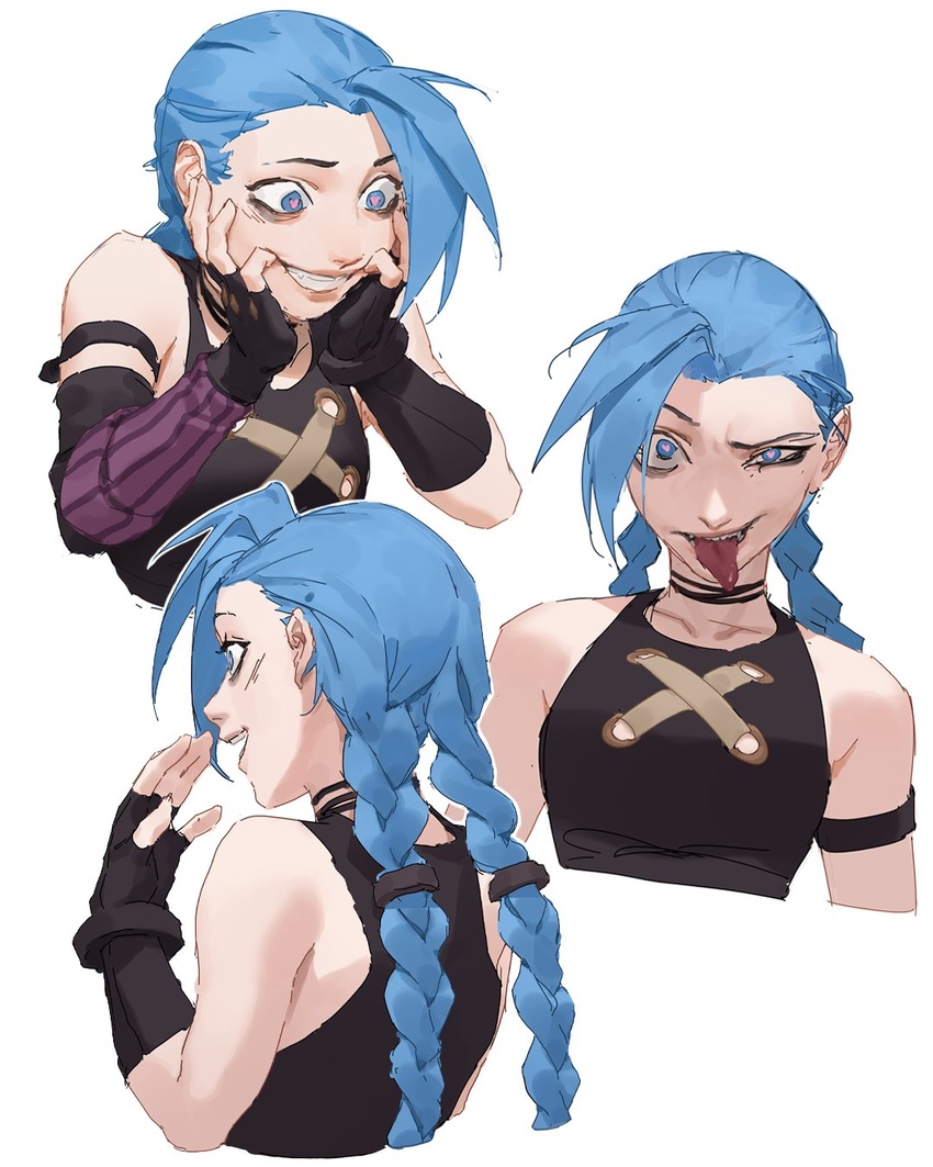 arcane:_league_of_legends arcane_jinx armband blue_hair braid female grin hands_on_own_cheeks hands_on_own_face heart heart-shaped_pupils highres jinx_(league_of_legends) league_of_legends long_hair looking_at_viewer simple_background smile symbol-shaped_pupils tongue tongue_out twin_braids twintails umber upper_body white_background wide-eyed yandere_trance