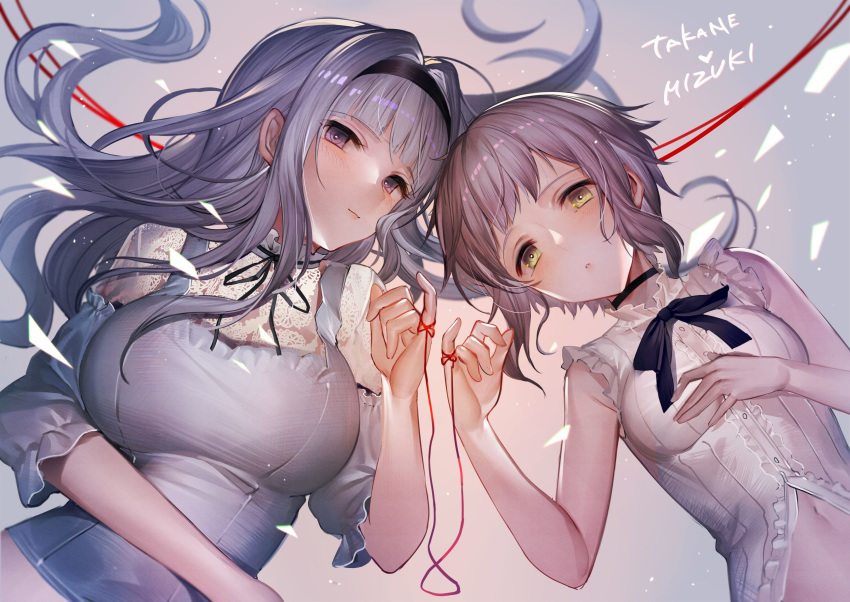 2girls absurdres blush breasts character_name choker commentary_request grey_hair hairband hand_on_own_chest hanusu highres idolmaster idolmaster_(classic) idolmaster_million_live! large_breasts long_hair makabe_mizuki multiple_girls navel neck_ribbon photoshop_(medium) purple_eyes purple_hair ribbon see-through shijou_takane short_hair short_sleeves sleeveless stomach string string_of_fate yellow_eyes