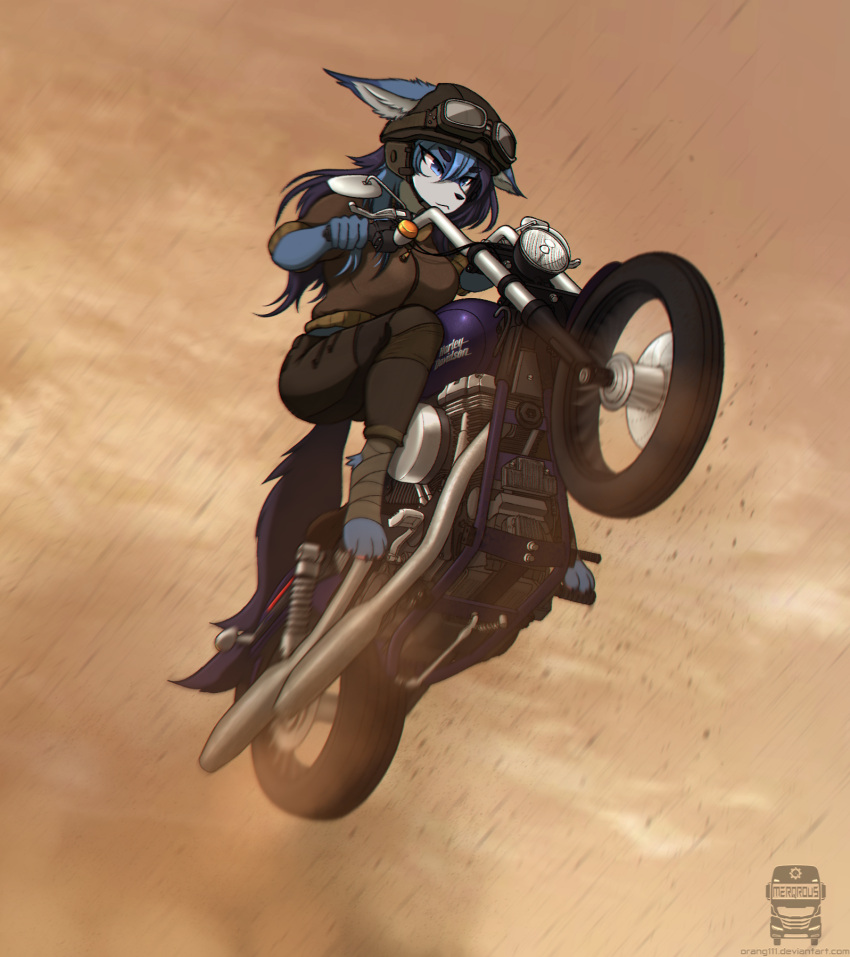 anthro armor canid canine chromatic_aberration clothing cloudy_(disambiguation) dirt eyewear eyewear_on_head feet female foot_wraps goggles goggles_on_head harley_davidson headgear helmet hi_res jacket jumping mammal motion_blur motorcycle orang111 sandstorm solo topwear vehicle wraps