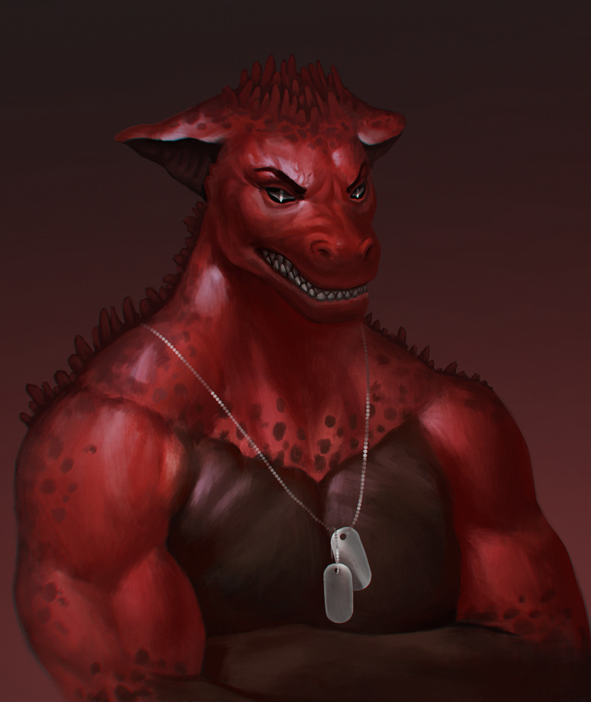 angry anthro bal_shaloc biceps bungie crossed_arms destiny_(video_game) dog_tags ears_back grey_eyes grumpy hi_res male muscular pivoted_ears red_body red_scales scales scalie snarling solo teeth_showing thick_neck unknown_artist war_beast