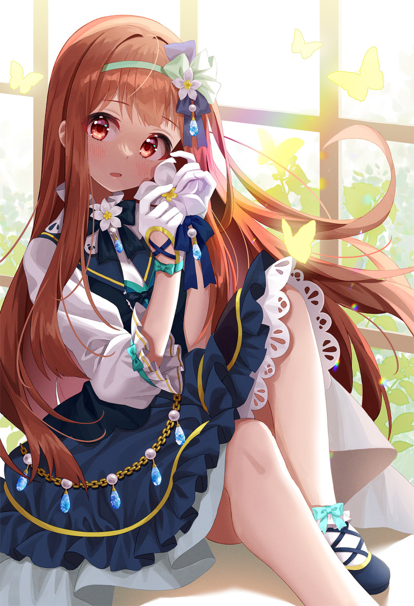 blue_footwear blue_skirt blush bug butterfly chobi_(penguin_paradise) female flower gloves green_hairband hair_flower hair_ornament hairband highres holding holding_flower idolmaster idolmaster_million_live! legs long_hair looking_at_viewer open_mouth orange_hair red_eyes shoes sitting skirt solo tanaka_kotoha white_gloves window