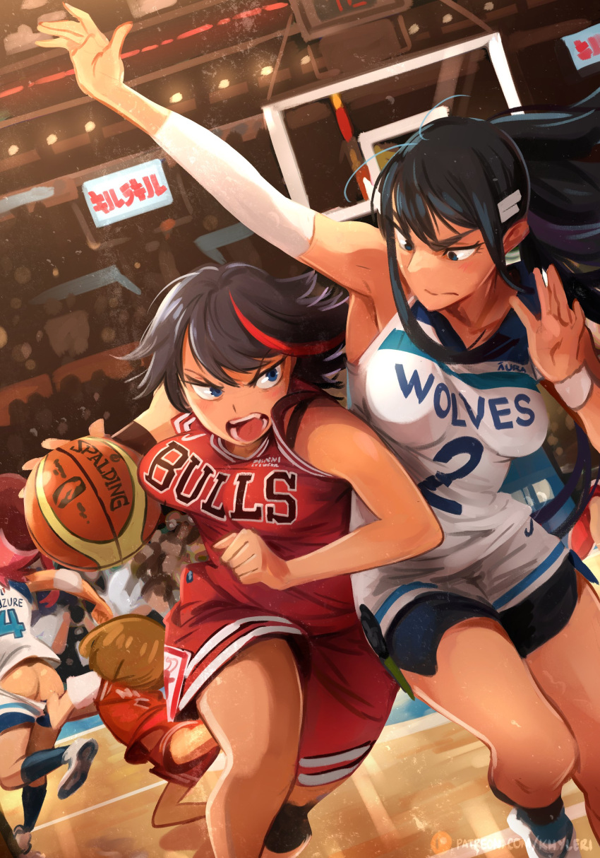 4girls absurdres armpits artist_name ass assisted_exposure ball bare_shoulders basketball basketball_(object) basketball_uniform black_hair blue_eyes bouncing_breasts breasts chicago_bulls clothes_pull color_connection cosplay detached_sleeves dribbling_(basketball) dutch_angle english_commentary hair_ornament hairclip height_difference highres indoors jakuzure_nonon khyle. kill_la_kill kiryuuin_satsuki long_hair malik_sealy malik_sealy_(cosplay) mankanshoku_mako matoi_ryuuko medium_breasts minnesota_timberwolves multicolored_hair multiple_girls national_basketball_association open_mouth pantsing patreon_logo patreon_username pink_hair playing_sports red_hair red_uniform short_hair shorts shorts_pull siblings single_detached_sleeve sisters sleeveless spalding sportswear streaked_hair web_address